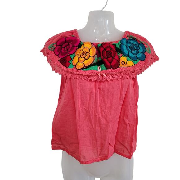 Handmade Embroidered Floral Boho Oxaca Top Pink Red Off The Shoulder Size XS - Picture 1 of 4